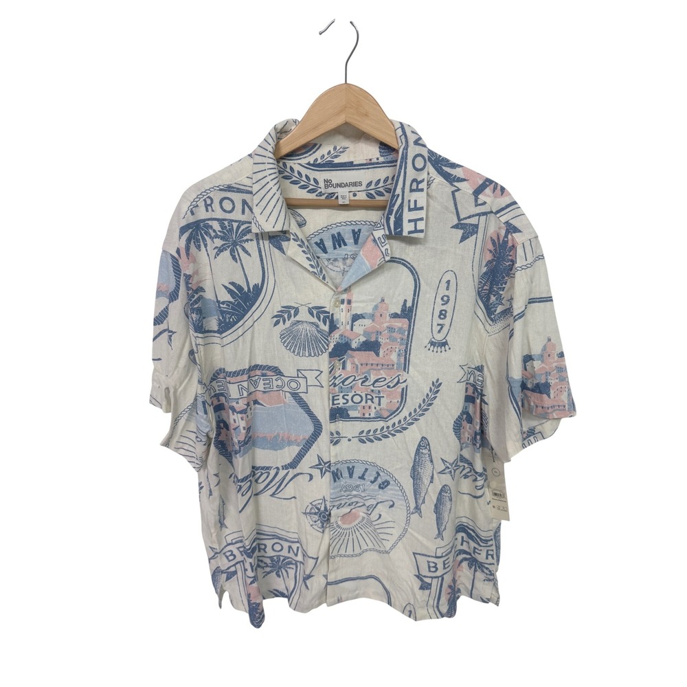 No Boundaries Mens 2XL Short Sleeve Button Down Shirt Linen Blend Resort Print